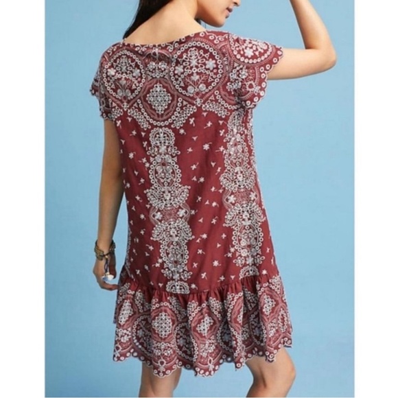 Anthropologie Feather Bone Maroon with Blue Embroidery Ruffle Dress, size Small - Picture 12 of 12
